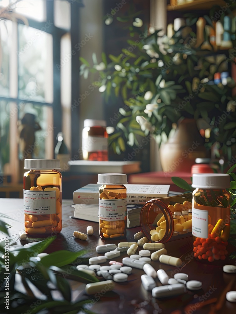 Aufkleber open prescription bottles with pills scattered on a table. a home or pharmacy setting is subtly hint