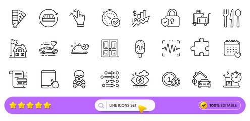 Romantic dinner, Touchscreen gesture and Palette line icons for web app. Pack of Tablet pc, Order, Building pictogram icons. Puzzle, Delivery online, Healthcare calendar signs. Usd coins. Vector
