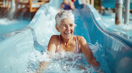 A beautiful smiling adult gray-haired elderly woman rides a slide in a water park. Grandma loves outdoor activities.