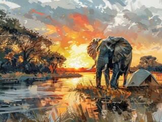 An elephant standing next to a tent at sunset. The elephant is standing in a river. The sky is orange and the water is reflecting the sky.