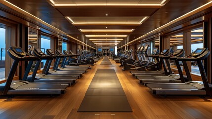 A modern, well-equipped gym on a luxury yacht, featuring a line of treadmills facing large windows. The room is decorated with wood paneling and has a sleek and sophisticated design.