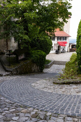 Panoramic view from Lake Bled, beauty heritage in Slovenia. Island with church and castle in the background create a dream setting. View from the castle, museum and court.