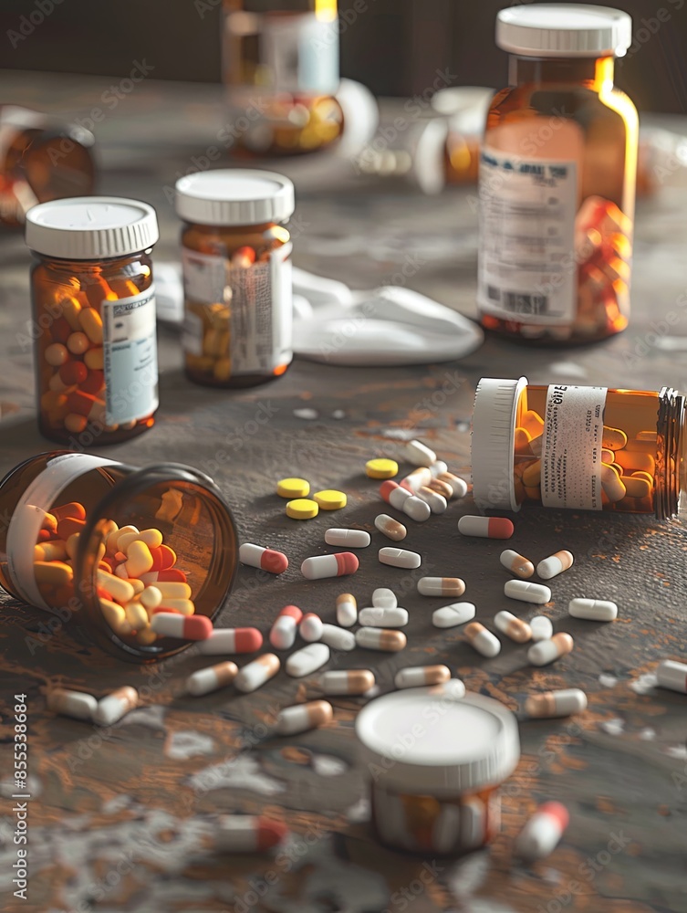 Leinwandbilder an image of open prescription pill bottles and scattered pills on a table. generative ai