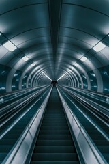 Obraz premium Futuristic tunnel escalator highlighted by modern lighting, showcasing urban architecture and infrastructure. the sleek design and symmetry emphasize technological advancement.
