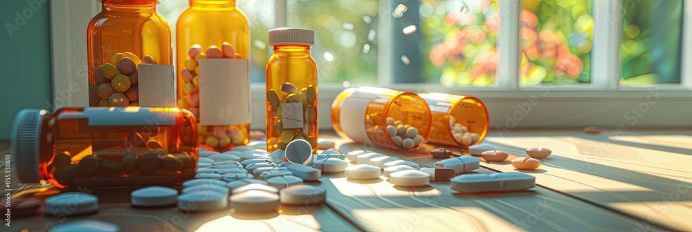Poster picture of opened prescription pill bottles on wood table with pills scattered. bottles are amber-co
