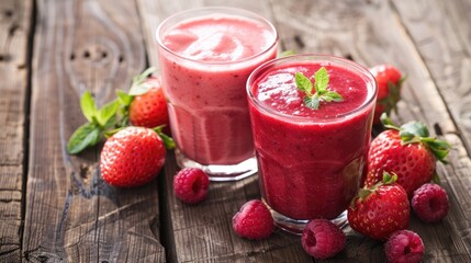 Smoothies in a glass with ripe strawberries and raspberries on the table. An invigorating refreshing drink, a delicious snack and breakfast. A healthy organic drink. Proper nutrition and diet.
