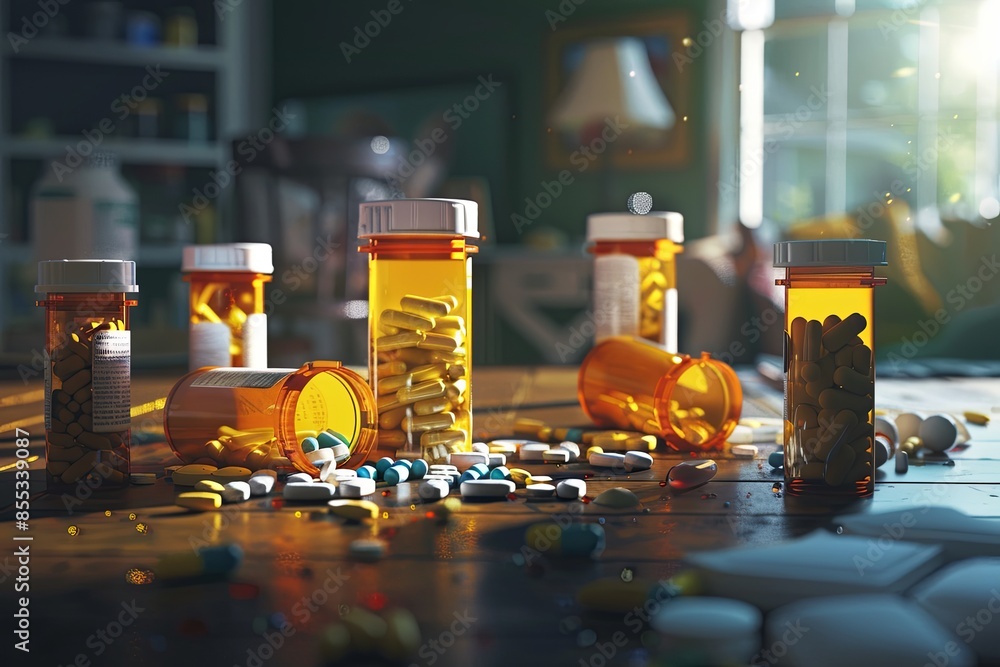 Aufkleber a close-up shot of several open prescription pill bottles with various pills scattered around on a w