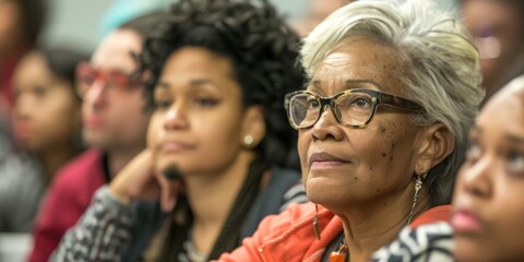 Diverse group of people attentively listening during a meeting or seminar, showing engagement and focus in a professional setting.