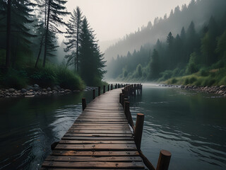 Naklejka premium Crossing the Wooden Bridge: A Misty Mountain River Morning