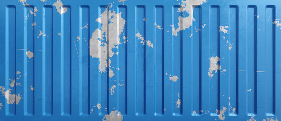 Old blue shipping container wall with damaged scratched paint. Corrugated metal background.