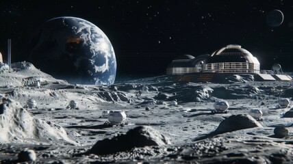 A planet with a large moon and a space station in the background