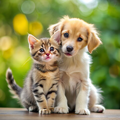 Obraz premium a kitten and a puppy playing together