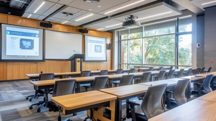 A university classroom with wooden desks and chairs, a projector, and a large screen displaying a presentation.