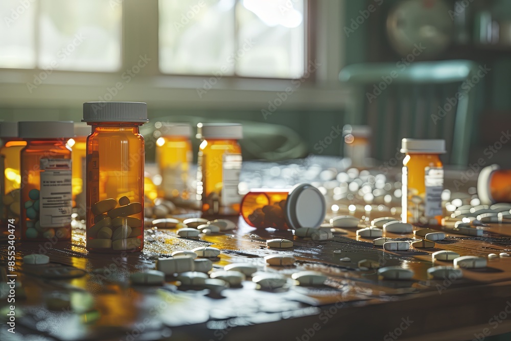 Aufkleber Prescription pill bottles with open caps and scattered pills on a wooden table. Generative AI
