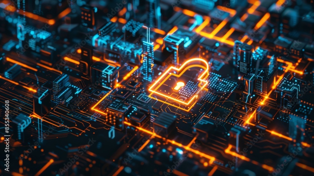 Poster high-tech cybersecurity network with lock symbol