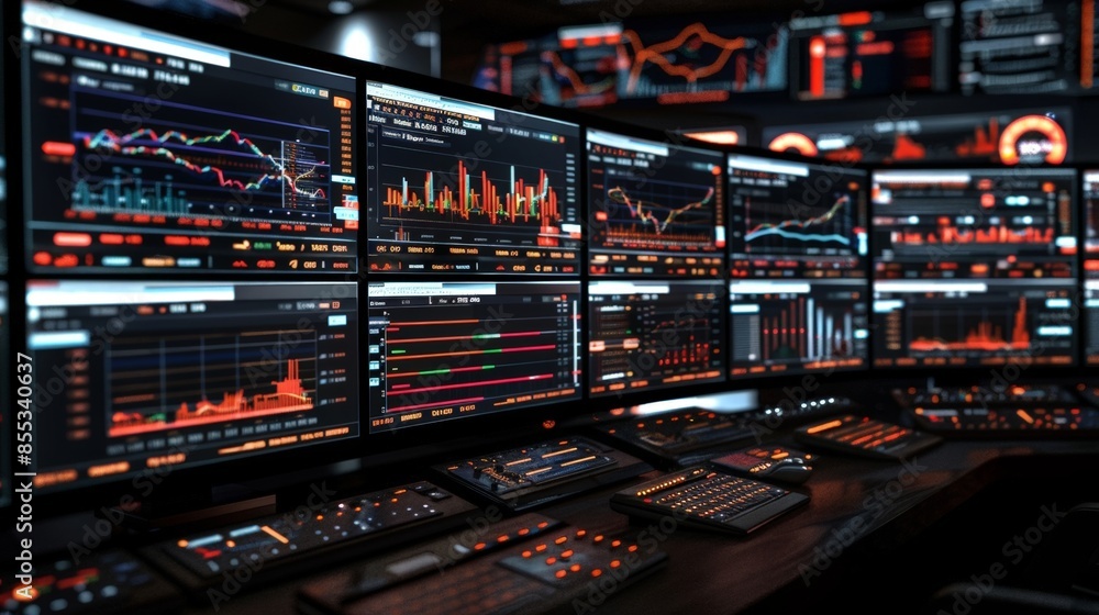 Poster high-tech control room: digital dashboard with multiple screens