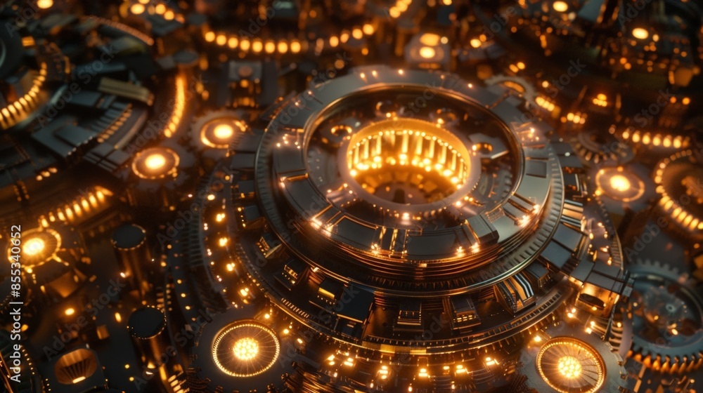 Poster digital cityscape with glowing core and surrounding circuits