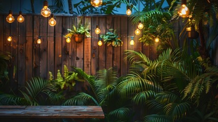 Outdoor Tropical Themed Patio with String Lights and Green Plants