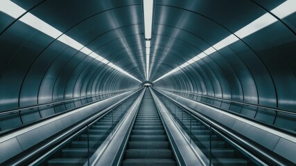 Naklejka premium Escalator in a sleek, futuristic tunnel with symmetrical lines and blue tones. highlights modern transportation, urban design, and architectural aesthetics.