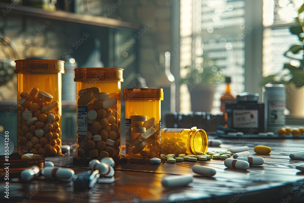 Leinwandbilder a close-up image of an overturned table in a home setting, showcasing several prescription bottles w