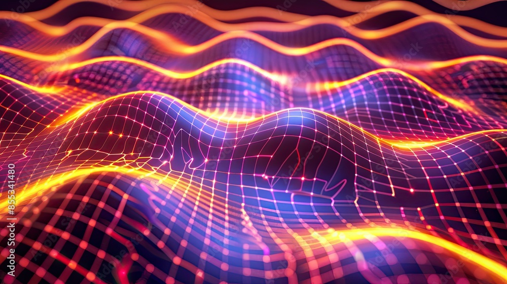 Poster abstract glowing grid forming wavy patterns on a dark background