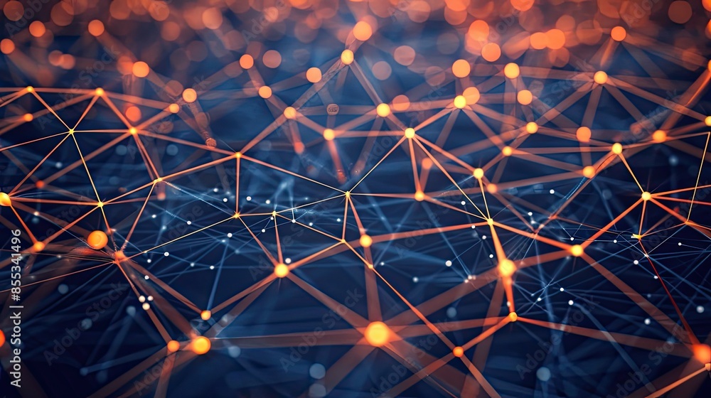 Poster abstract digital network grid% orange nodes connecting lines on a dark blue background