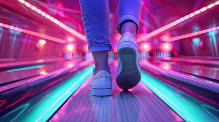A person in jeans and sneakers stepping onto a vibrant, neon-lit bowling lane
