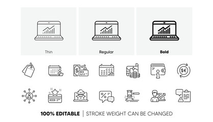 Networking, Treasure map and Loyalty card line icons. Pack of Online statistics, Sale tags, Success business icon. Money currency, Calendar graph, Accounting pictogram. Clipboard, Wallet. Vector