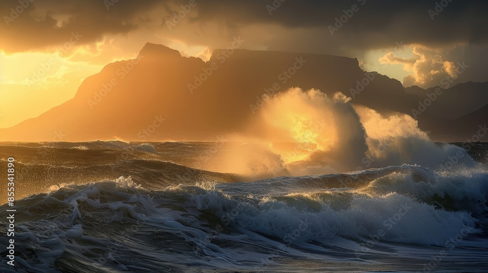 Wall mural Spectacular Sunrise over Powerful Ocean Waves