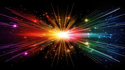 Fototapeta premium Colorful light bursts radiating from the center on a black background