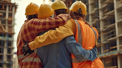 Construction workers embracing in solidarity, wearing helmets and varied work attire