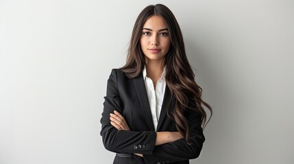 Obraz premium Confident woman in a suit with long dark hair, arms crossed, white background