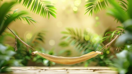 Naklejka premium Tranquil hammock amidst lush greenery, perfect for relaxation and nature enthusiasts seeking peace in an idyllic setting.