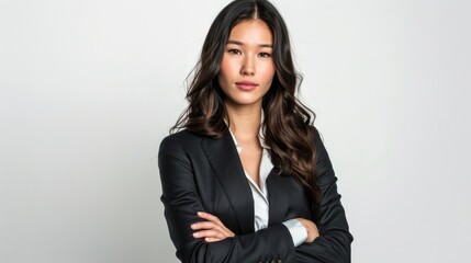 Obraz premium Confident woman in a suit with long dark hair, arms crossed, white background