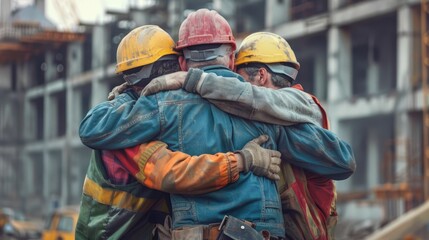 Construction workers embracing in solidarity, wearing helmets and varied work attire