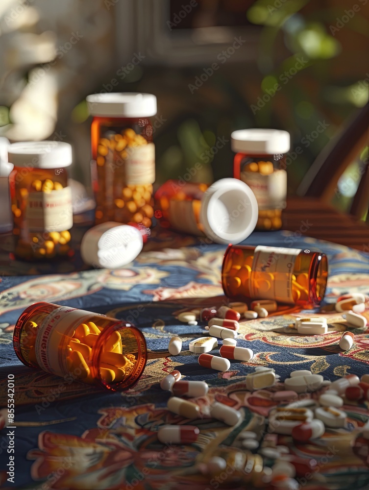 Poster open prescription pill bottles with scattered pills on a table, hinting at a home setting. generativ