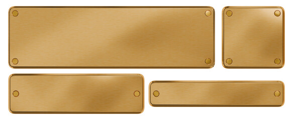 Golden plaque with rivets. Isolated metallic nameboards set. 3D rendering.