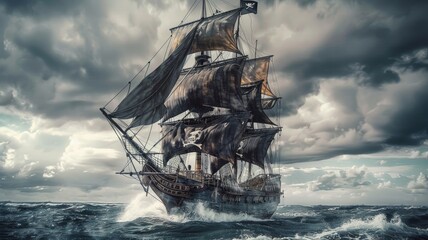 Naklejka premium A pirate ship sails through a stormy sea
