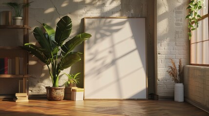 Framed blank canvas, sunlight, tropical leaves, wooden floor, books, vase with a leaf