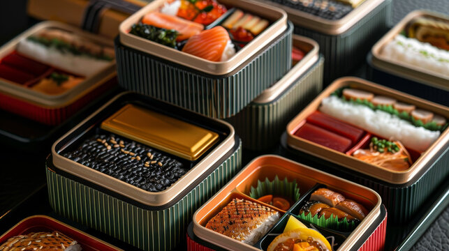 Arranged bento boxes filled with a variety of seafood. Close up view