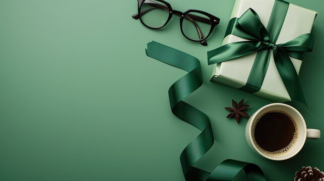 Father's Day gift with green ribbon, coffee cup, and glasses on a green background
