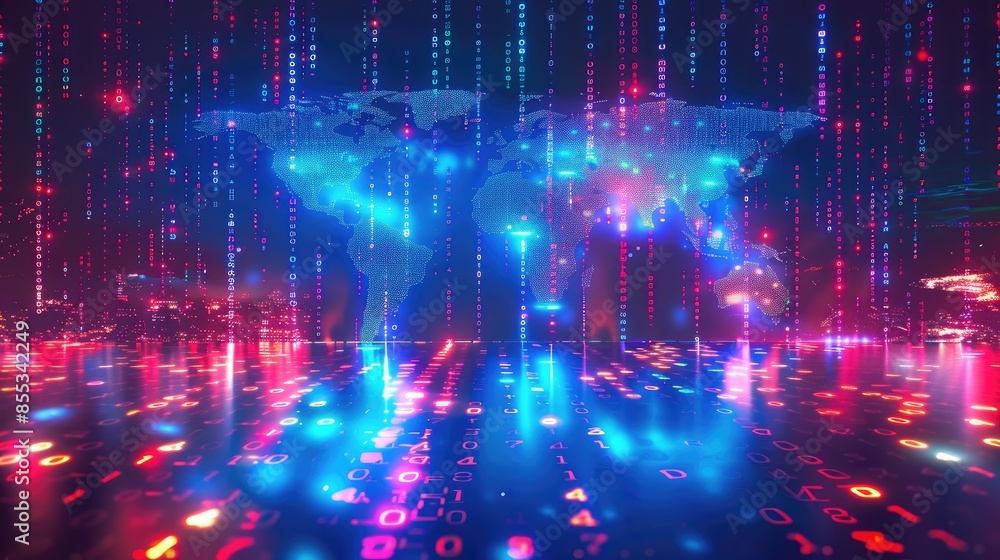Poster high-tech digital world with glowing screens, binary code, and global map on monitor