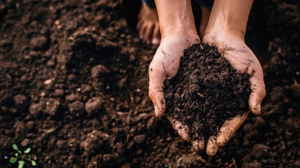 Hands gently holding a pile of rich, dark soil against a background of more soil