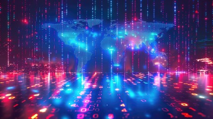 Fototapeta premium High-tech digital world with glowing screens, binary code, and global map on monitor