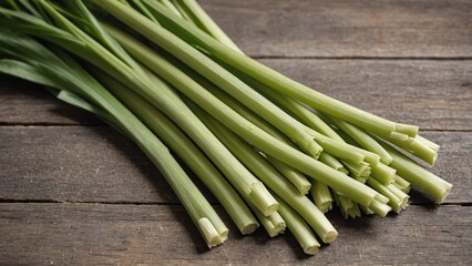 Obraz premium Fresh Green Celery Stalks on Rustic Wooden Tabletop