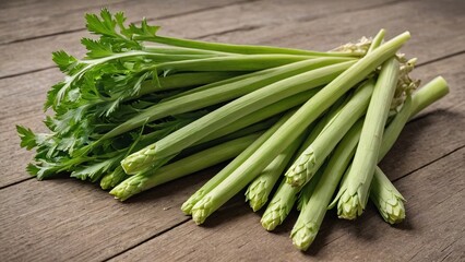 Fototapeta premium Fresh Green Celery Stalks on Rustic Wooden Tabletop