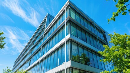 Modern office building, glass and concrete facade, clear blue sky, landscaped surroundings