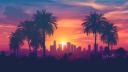 Fototapeta premium Palm Trees Silhouetted Against City Skyline at Sunset