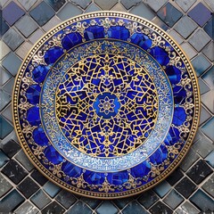 Naklejka premium Ornate Blue Plate with Intricate Gold Patterns against Mosaic Background_7424.jpg