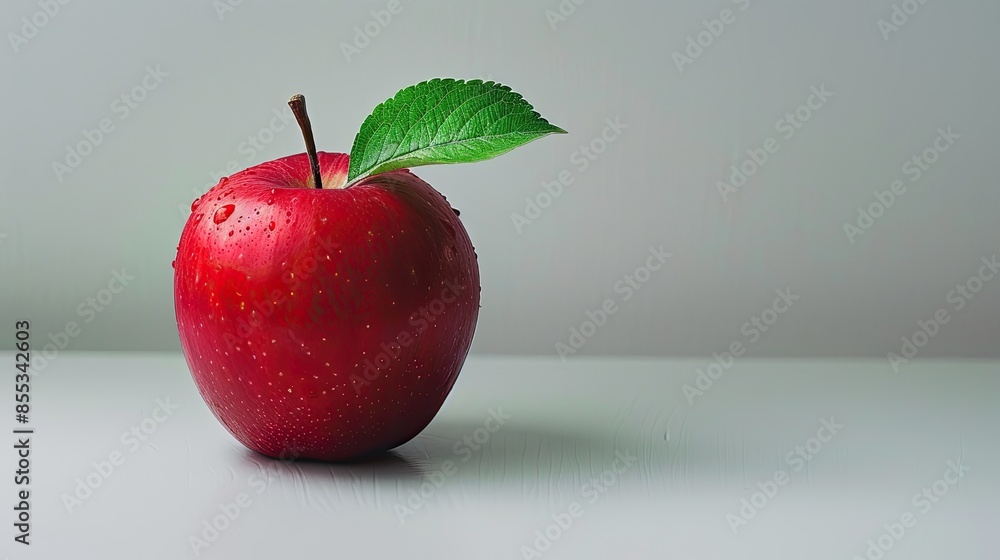 Wall mural Ripe red apple with single green leaf, white background - Wall murals